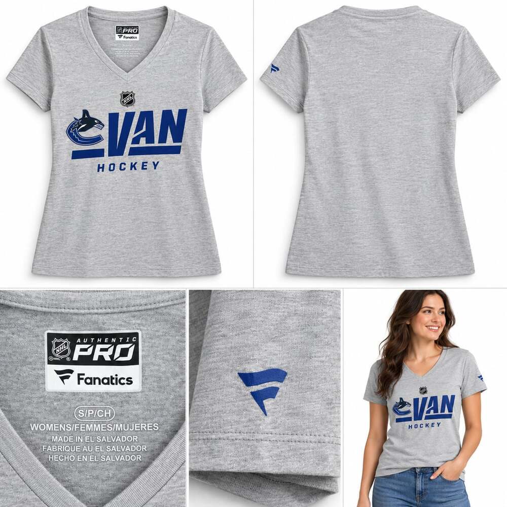 Fanatics Vancouver Canucks VAN Hockey V-Neck T-Shirt Size S/P/CH Gray